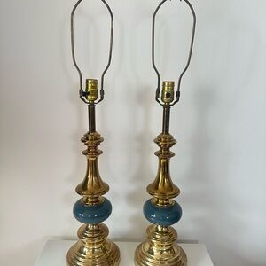 Pair of MCM vintage Brass blue stiffel Table Lamps